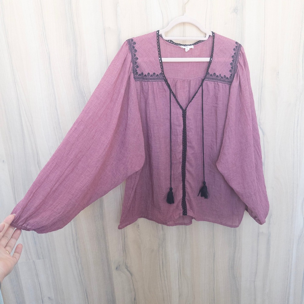 Entro Womens Embroidered Blouse Small Pink Long Sleeve Boho Peasant Cottage